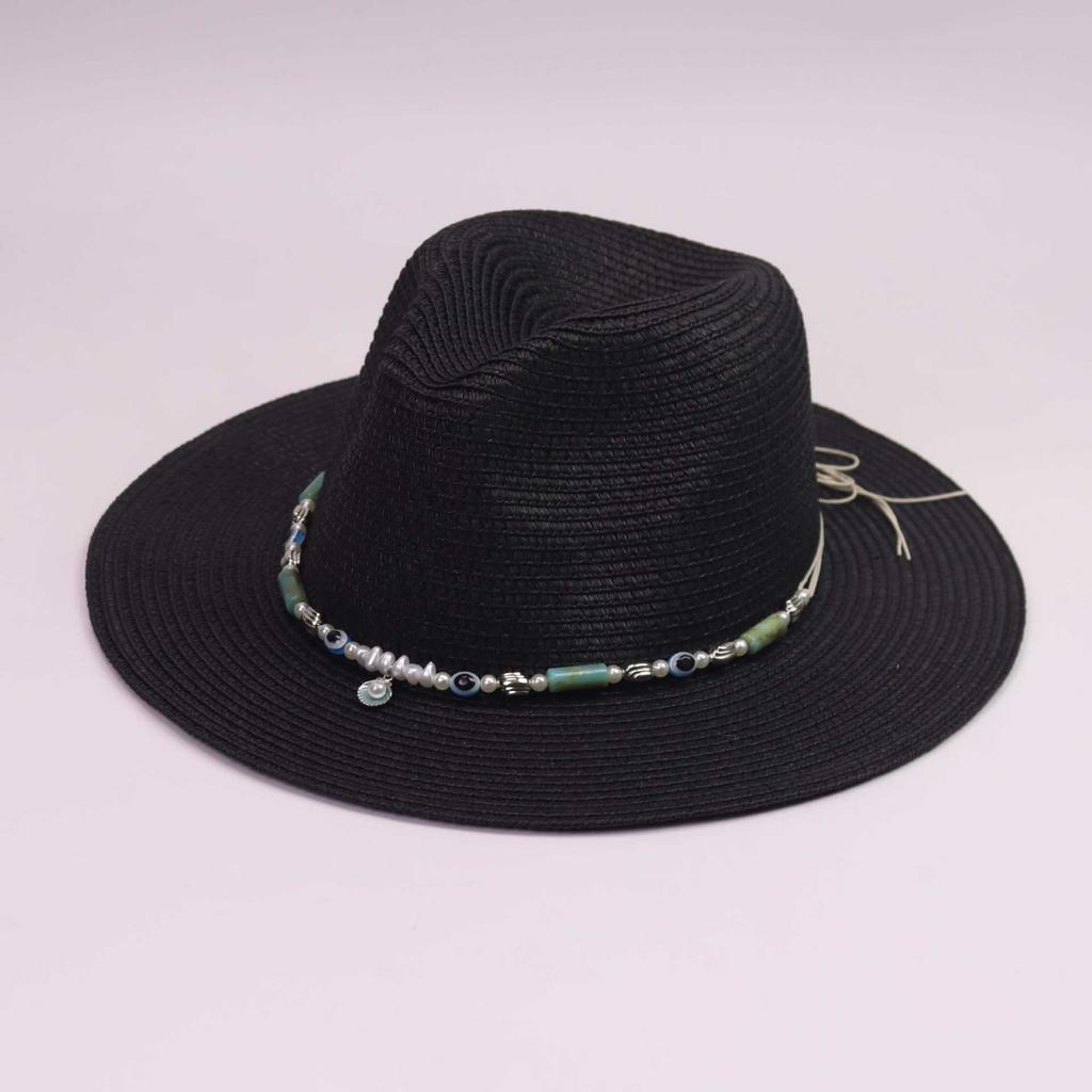 New straw hat men's and women's travel beaded western cowboy hat sunshade sunscreen breathable vacation Panama straw hat