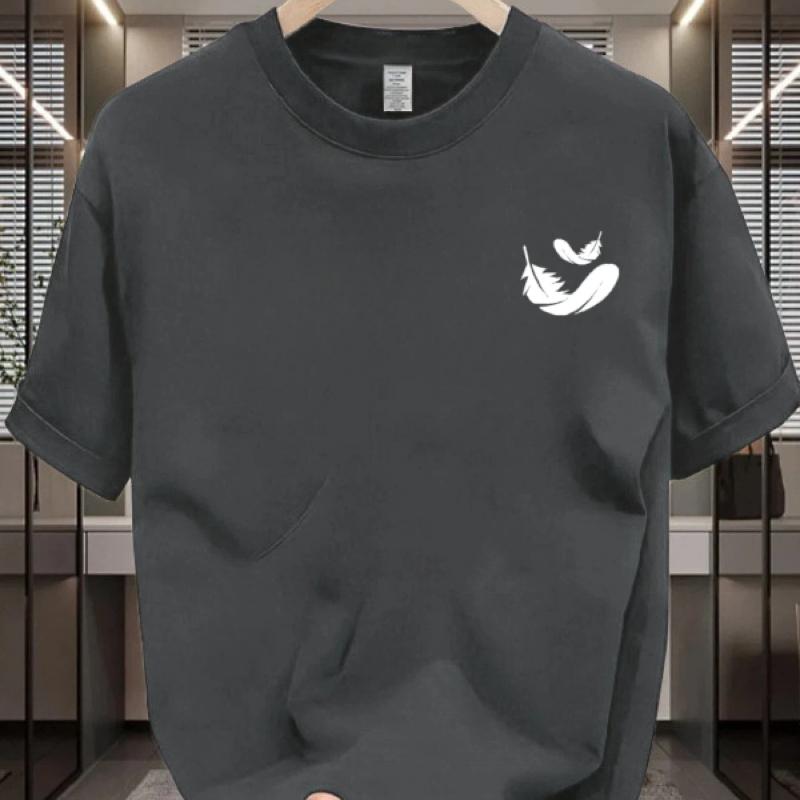 Summer pure cotton men's casual loose fashion two-piece feather print breathable sports short sleeved round neck T-shirt