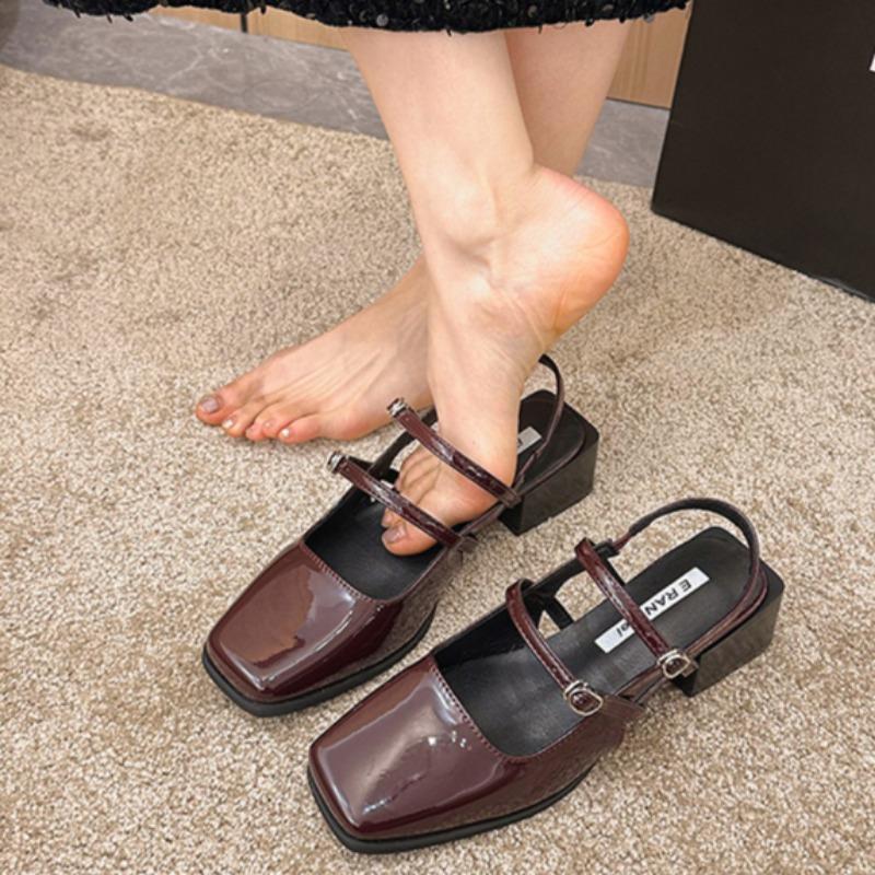 Fashion Fashion Baotou Sandals Spring New Square Head Shallow Mouth Metal Buckle A Line with Soft Sole Non-slip Mid-heel Shoes
