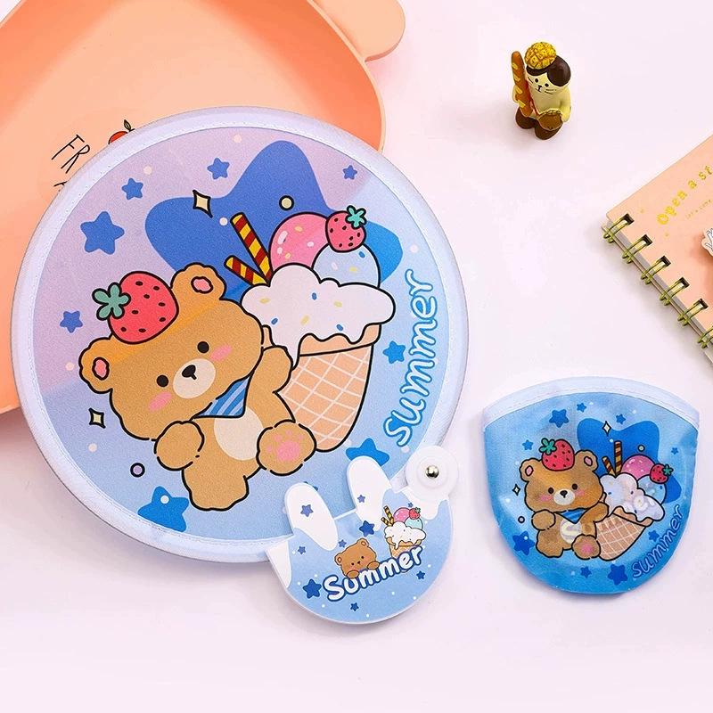 Reflective Mini Folding Fan: Portable Cartoon Design with Cloth Surface for Students and Outdoor Use.
