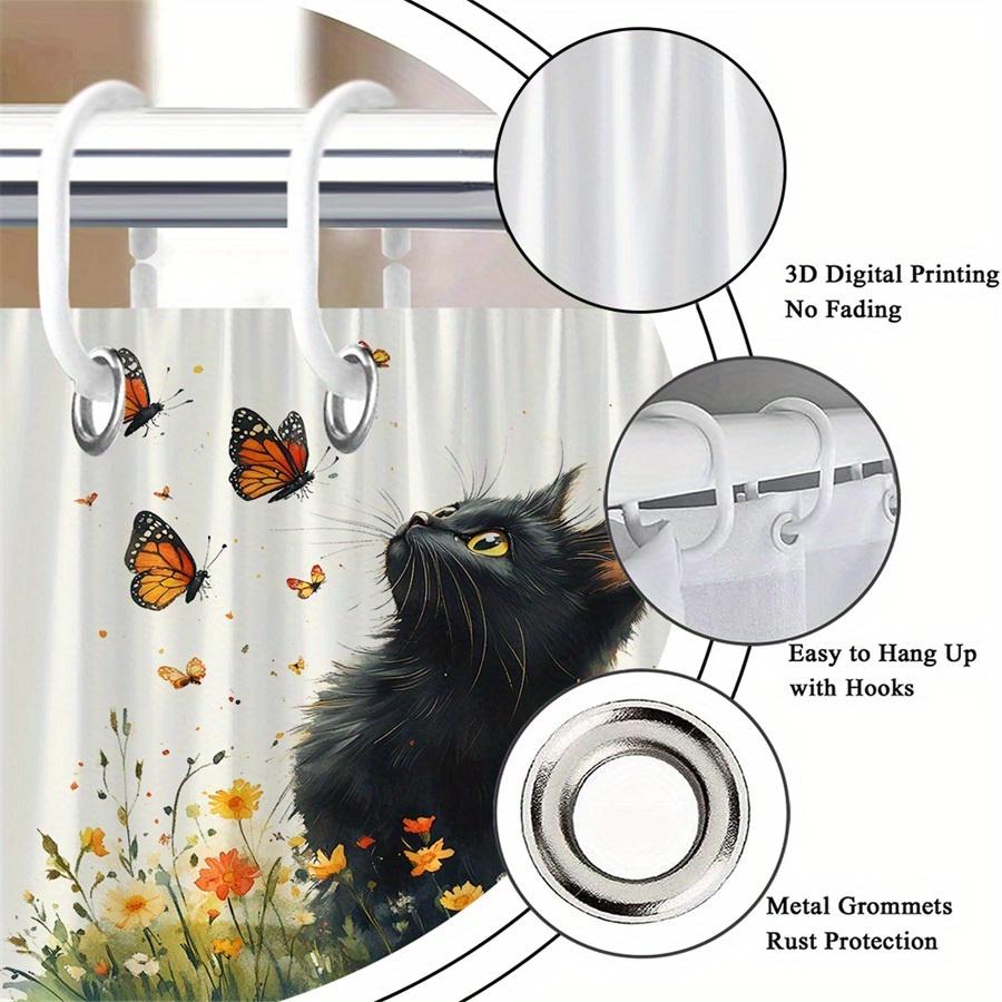 1Pc Black Cat Yellow Eyes Shower Curtain - Polyester Fabric, Machine Washable, Suitable For Bathroom Decoration