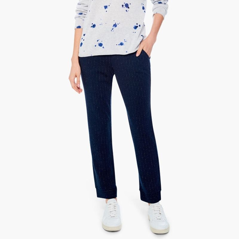 

Cotton Elastic High Waist Casual Pants with Pockets Fashion Plus Size Navy blue fine white line S