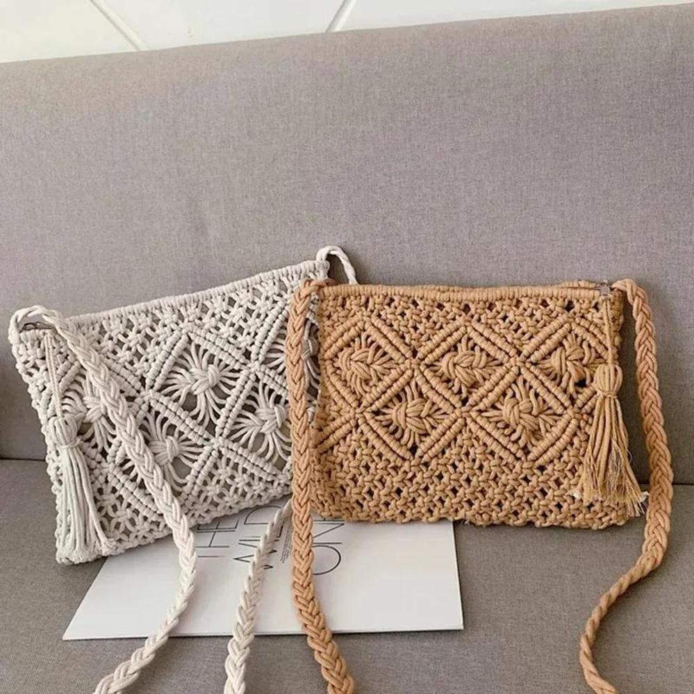 1 Pcs Woven Bag With Crossbody Cotton Thread Tassel Artistic Style Japanese And Korean Style Beach Bag Vacation Travel Bag