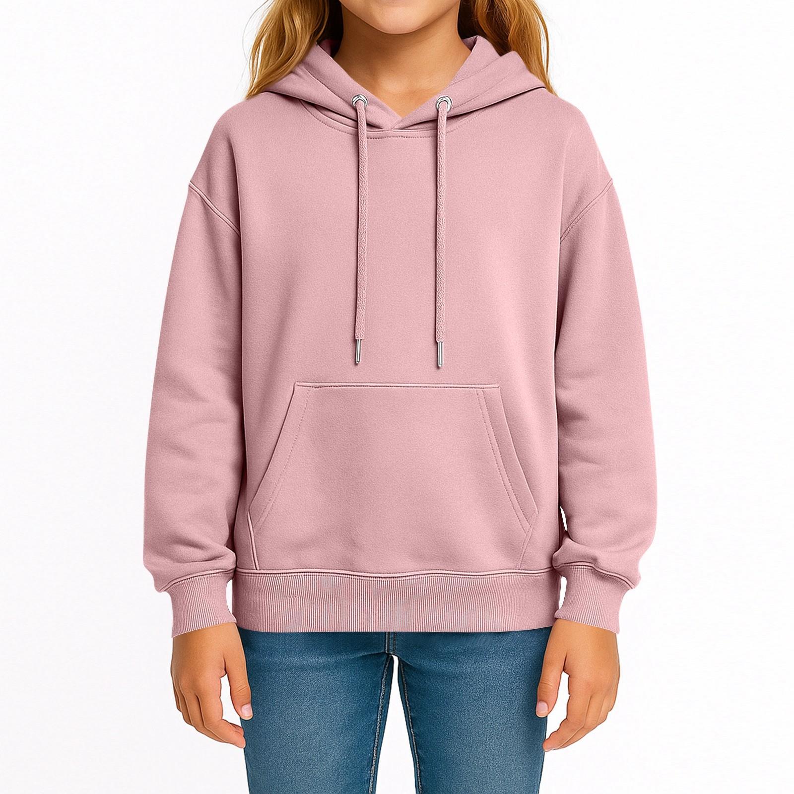 Children s Fashion Color Long Sleeved Hooded Pullover With Pockets Casual Adult Sweatshirt Top 120 розовый