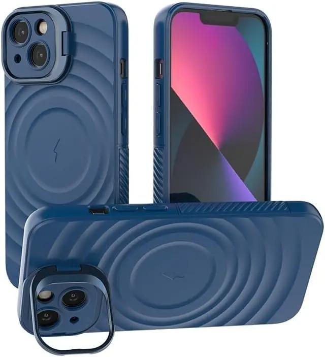

Магнитный чехол Magsafe для iPhone 16 15 14 13 17 Pro Max Plus, невидимая подставка-держатель для камеры, круглый, с эффектом водяных разводов, из мягкого силикона For iPhone 13&Case & Holder синий