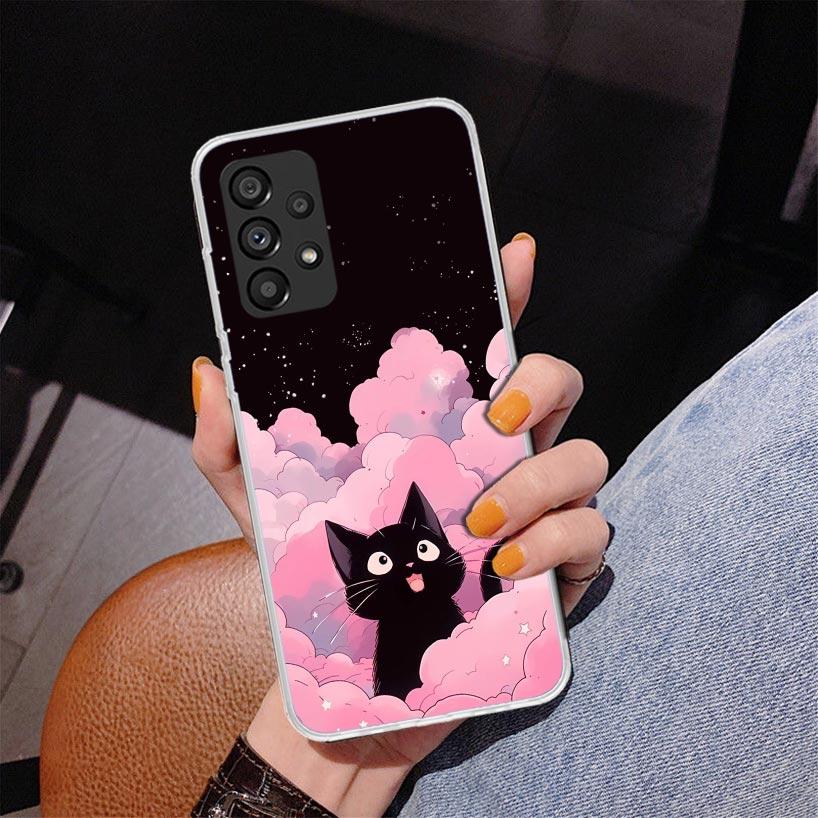 Anime Cute Black Cat Meow Phone Case For Samsung Galaxy A17 A16 A15 A14 A13 A57 A56 A55 A54 A53 A37 A36 A35 A34 A33 A26 A25 A24