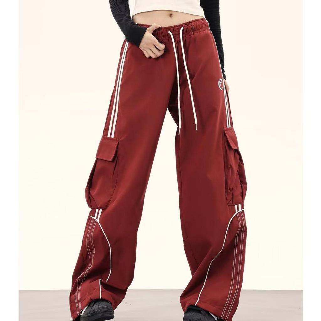 Women's Retro Color Block Hip Hop Cargo Sweatpants - Loose Wide-Leg Floor-Length