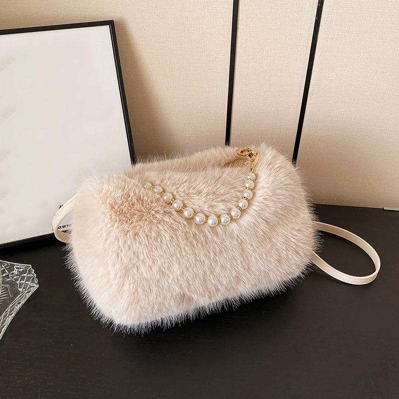 Yogodlns Winter Fashion Women's Faux Fur Shoulder Bags Candy Color Pearl Handle Crossbody Bag Small Fluffy Female Pillow Handbags