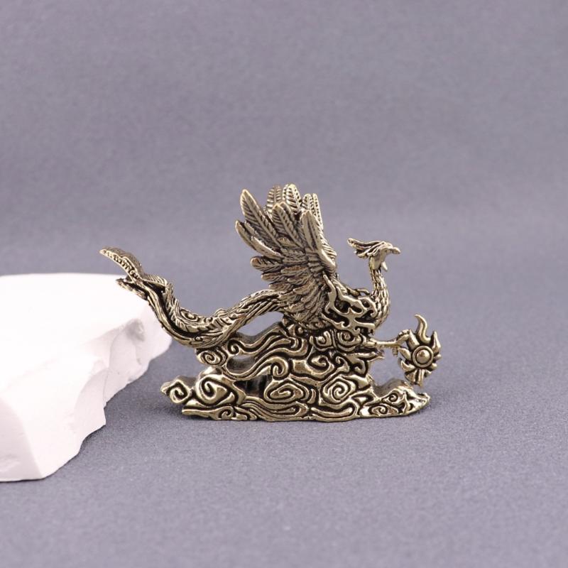 1Pcs Brass Phoenix Statue Auspicious Spreading Wings Desktop Hand Piece for Tea Ceremony Decor and Gift