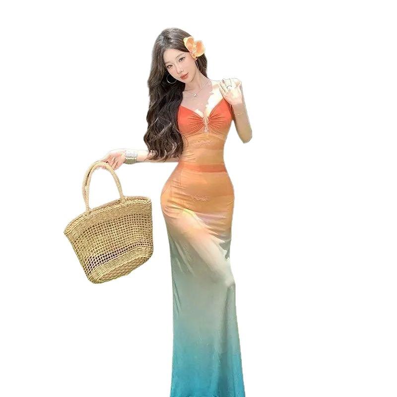 Sunset Skirt Beautiful Smudge Gradual Change Swimsuit Women's Bikini Thailand Sanya Seaside Vacation Bag Arm Fishtail Dress