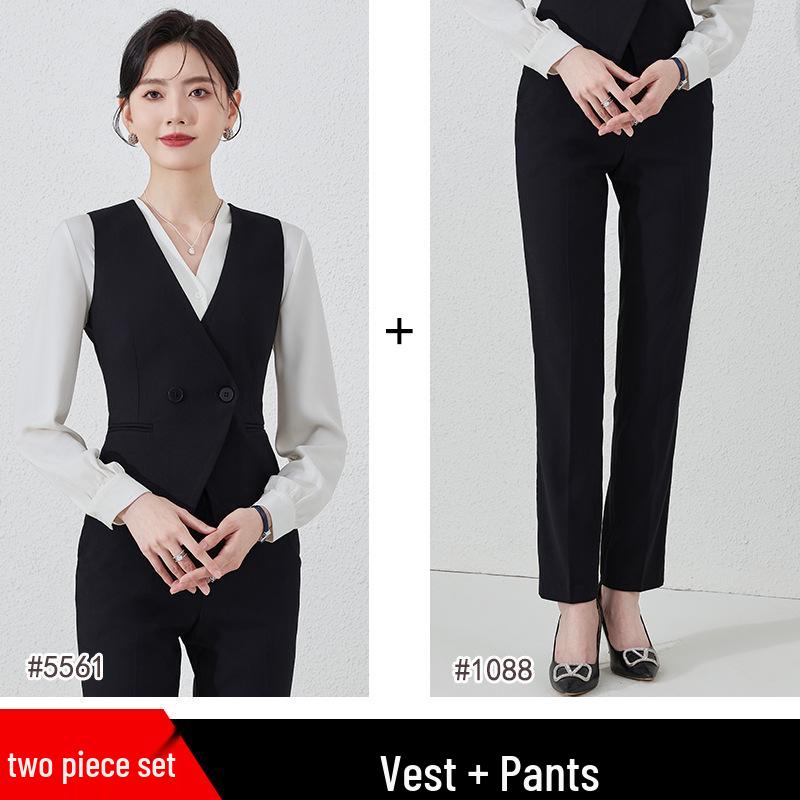 Women's 2024 Black Professional Sleeveless Vest & Pants Set for Hotel Manager