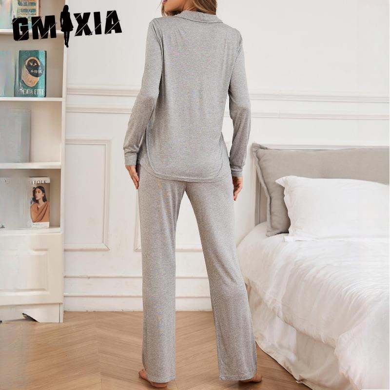 GMXIA Pyjamas Female Autumn and Winter Red New Year Christmas Ice Silk Long-sleeved Shirt Trousers Two-piece Homewear