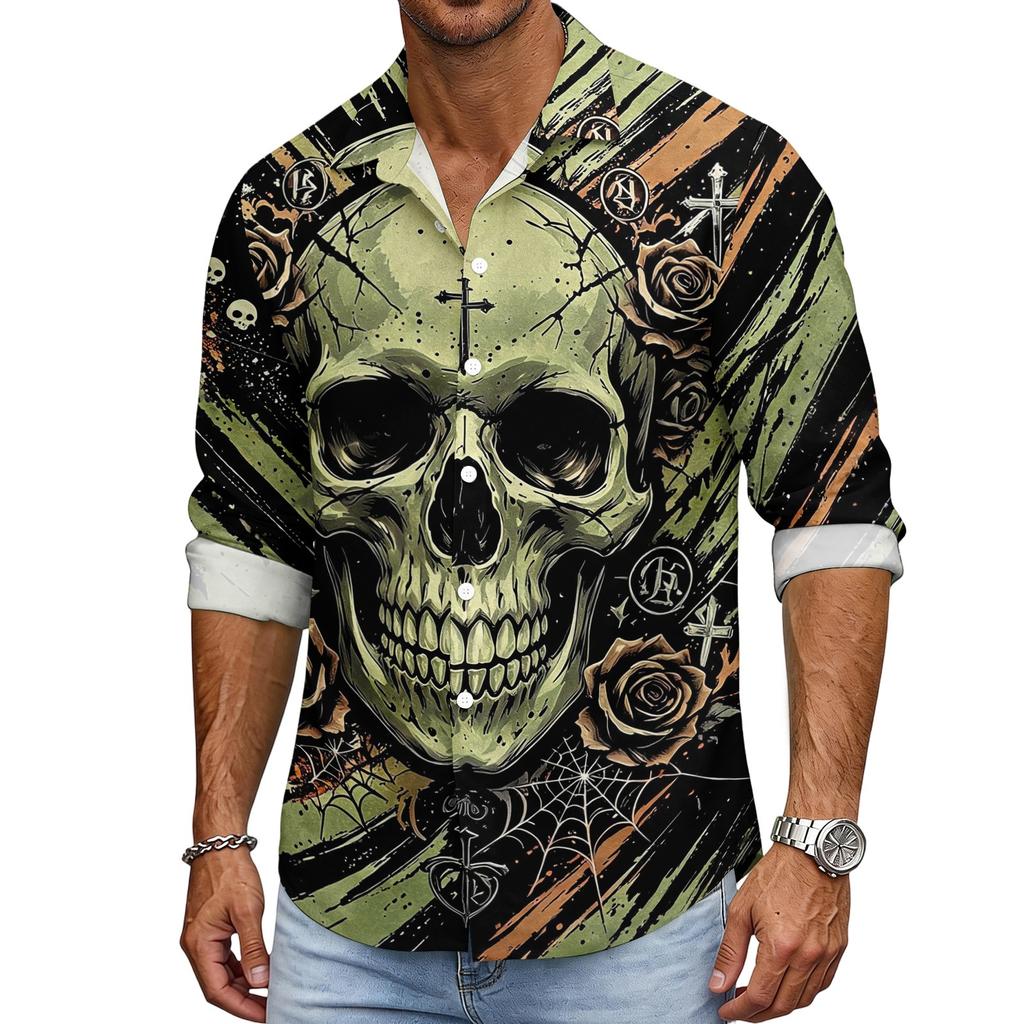 Men's Halloween Long Sleeve Button Down Shirt with Collar Casual for Holiday Parties