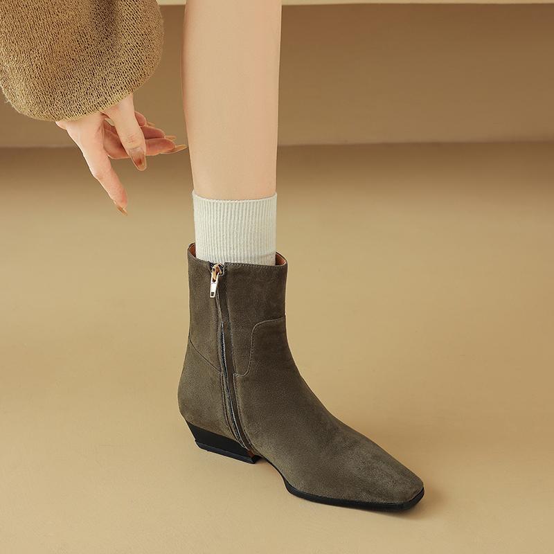 Módní kotníkové boty z dětského semiše Dámské boty Nové 2025 Jaro Nízké blokové podpatky Módní Čtvercová špička Dámské Patchworkové Černé Šedé Meruňkové Boty