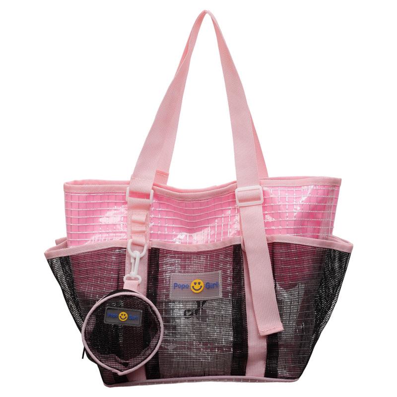 Dopamine Color Block Mesh Beach Bag – Large Capacity Travel and Swim Tote