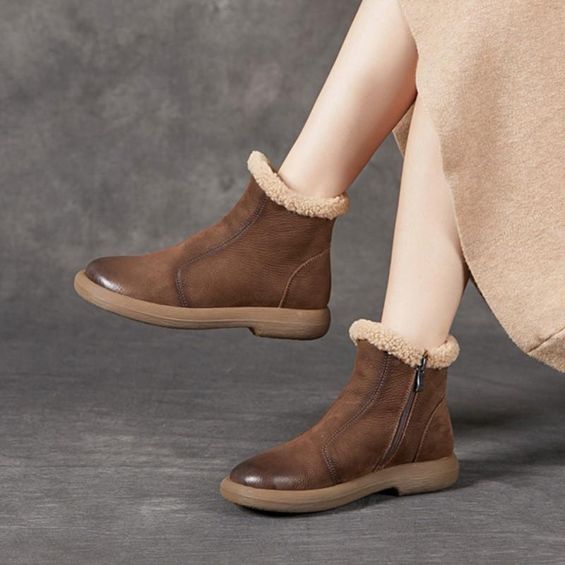 Johnature Genuine Leather Plush Warm Ankle Boots Round Toe Soft Soled Versatile Women's Cotton Boots