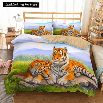 3D Tiger Bettwäsche Set King Queen Full Twin Größe Braun Tier Bettbezug Dschungel Wildtiere Bettdeckenbezug Polyester Steppdeckenbezug