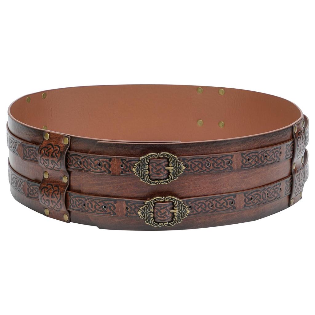 Layered Wide Belt with Rivets Embossed Wrap Buckles Fashion Waistband