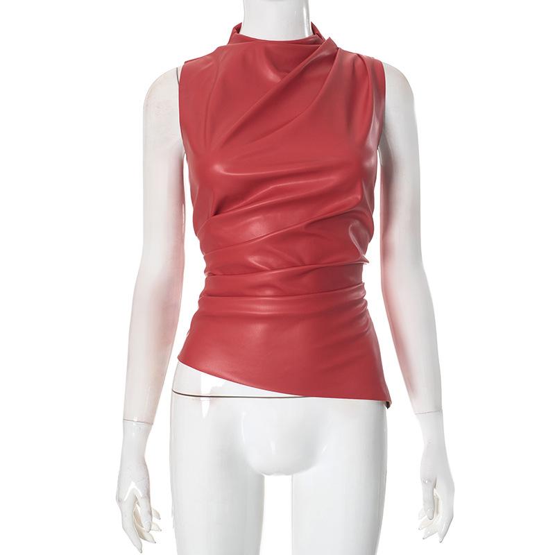 Sleeveless Women Basic Tank Top Y2K Pu Simple High Waist Skinny Pleated Shrunk Slash Cut Tops 2024 Vintage Versatile Noble Shirts 2500