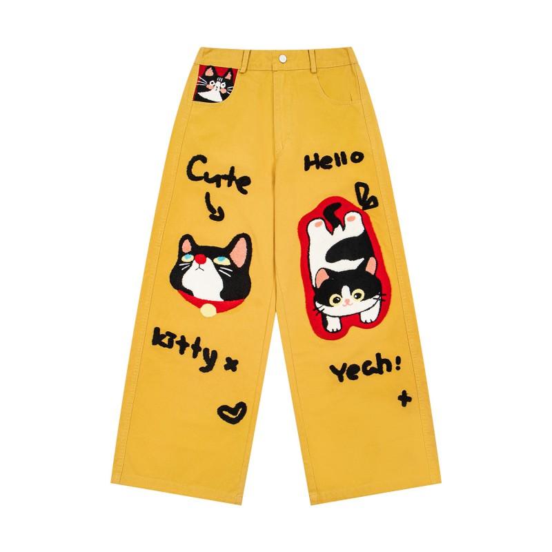 American Retro Cat Embroidery Sweatpants Loose Straight Leg Casual Pants Teens