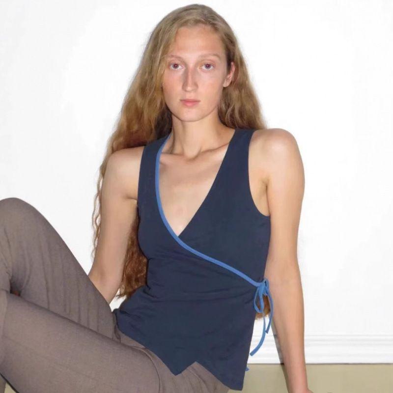 Paloma Wool25 New Spanish Blue Patchwork Wrap Lace-up V-neck Top Sleeveless Vest Women Summer