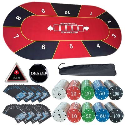 [Set complet de poker gata de jucat, format din 8 piese] Set de covorașe de poker 120cm x 60cm, 100 de jetoane x 2, cărți de joc din plastic impermeabile, 2 seturi a câte 54 de jetoane, buton dealer ALL IN