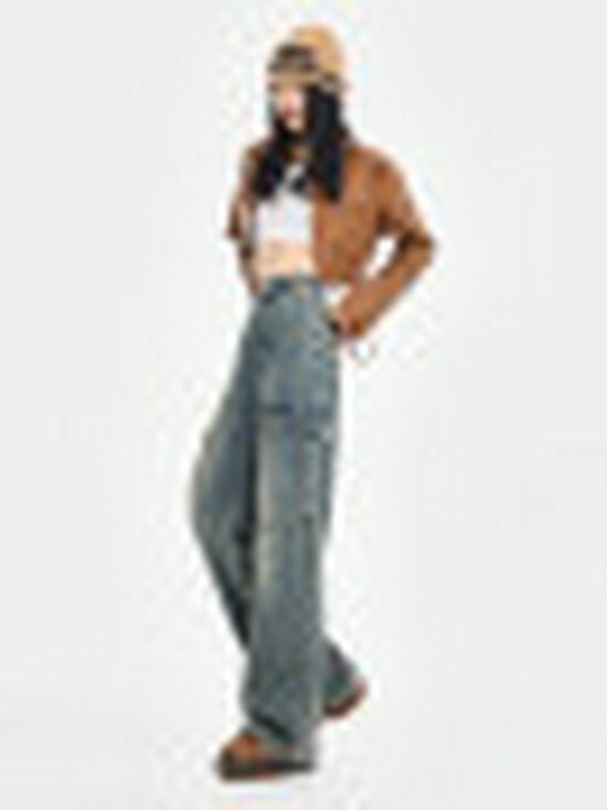 

Spring 2026 Women s High-Waisted Cargo Wide-Leg Jeans with Multi-Pocket and Distressed Design Medium