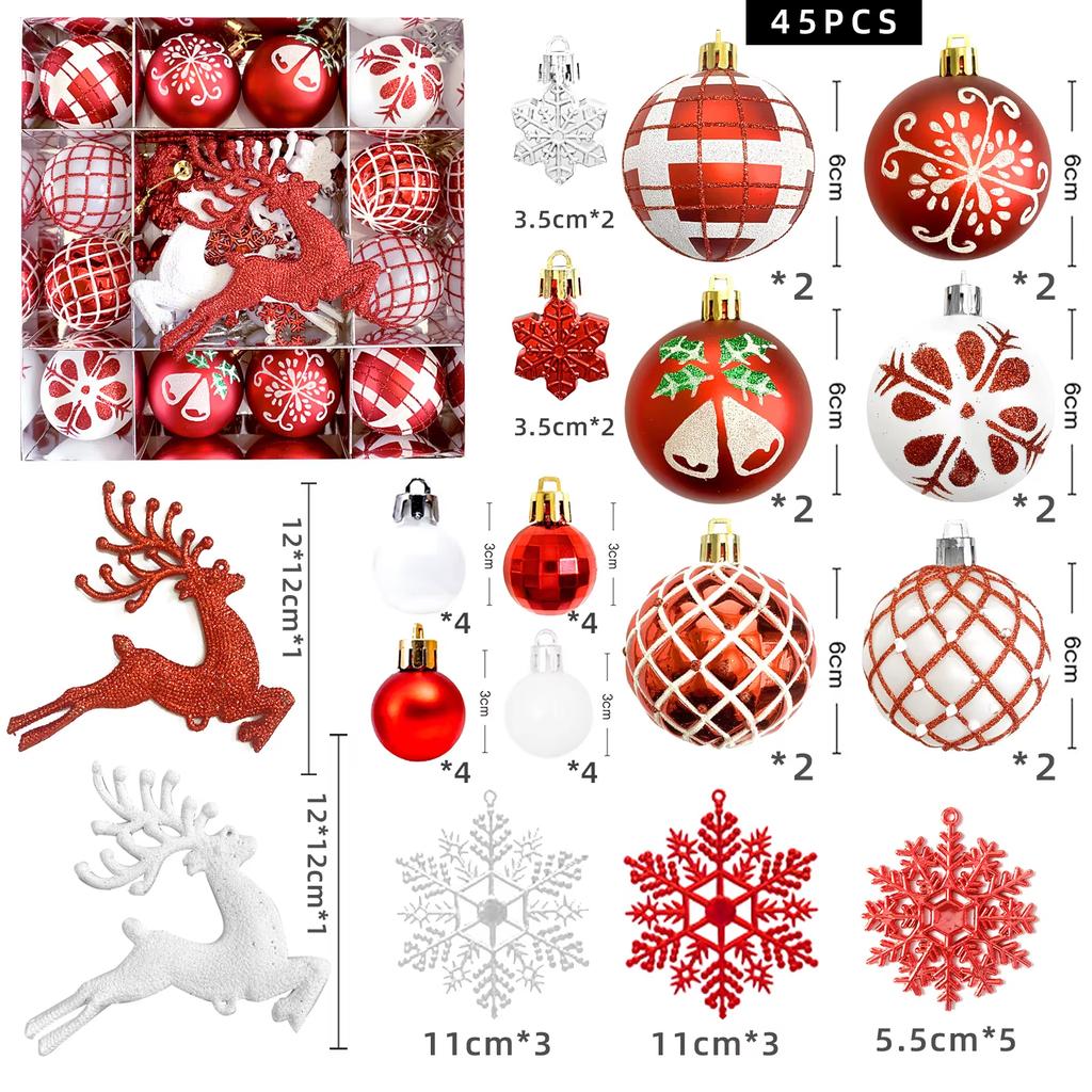 45Pcs Christmas Ball Set Luxury Xmas Balls With Snowflakes And Reindeer Christmas Tree Ornaments For Xmas Party Home Decoration