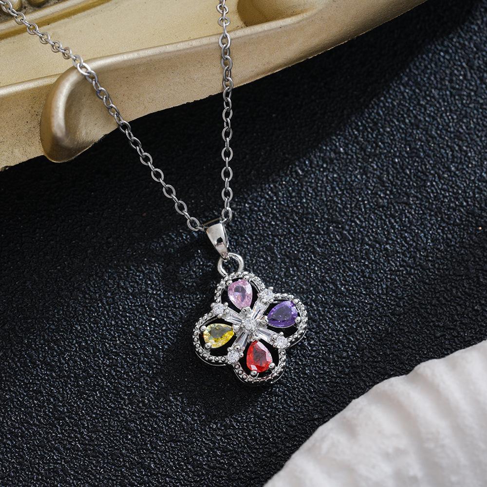Copper Four-Leaf Clover Necklace with Multicolor Zirconia Petal Pendant and Delicate Chain