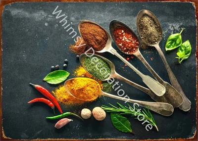 Kitchen Themed Wall Art Decor Colorful Spice and Spoon In Table Metal Tin Sign Food Cooking Ingredients Metal Art Print Decor