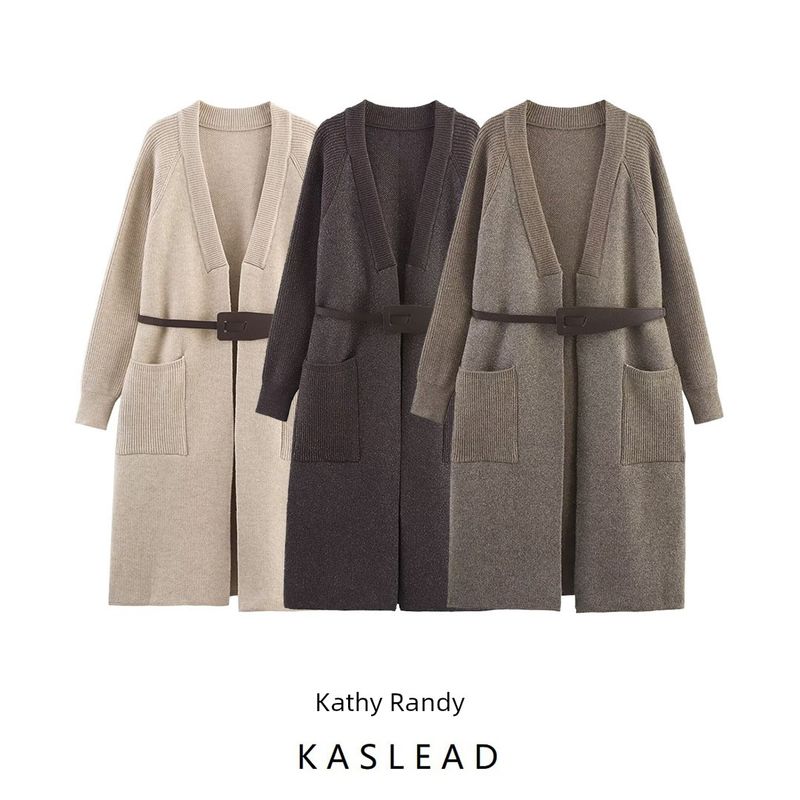 Kaslead New Women Clothes Western Style Fashion Simple Configuration Belt Knitted Coat