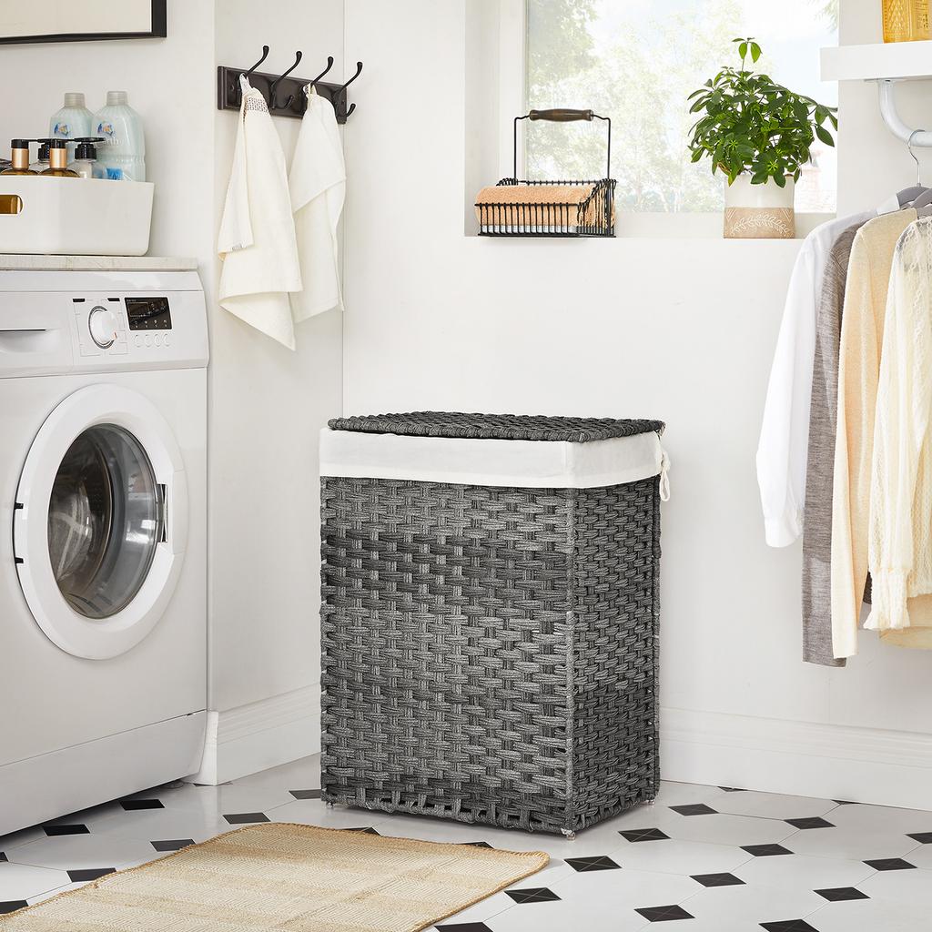 SONGMICS Handwoven Laundry Basket, 90L Synthetic Rattan Clothes Hamper with Lid and Handles, Foldable, Removable Liner Bag, Grey
