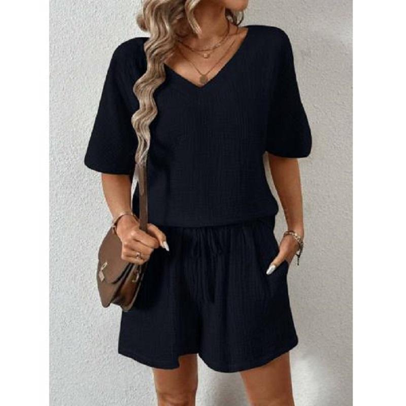 

Однотонные повседневные свободные короткие брюки, комплекты, женские элегантные летние женские костюмы из двух частей, полный комплект женской одежды XS чёрный