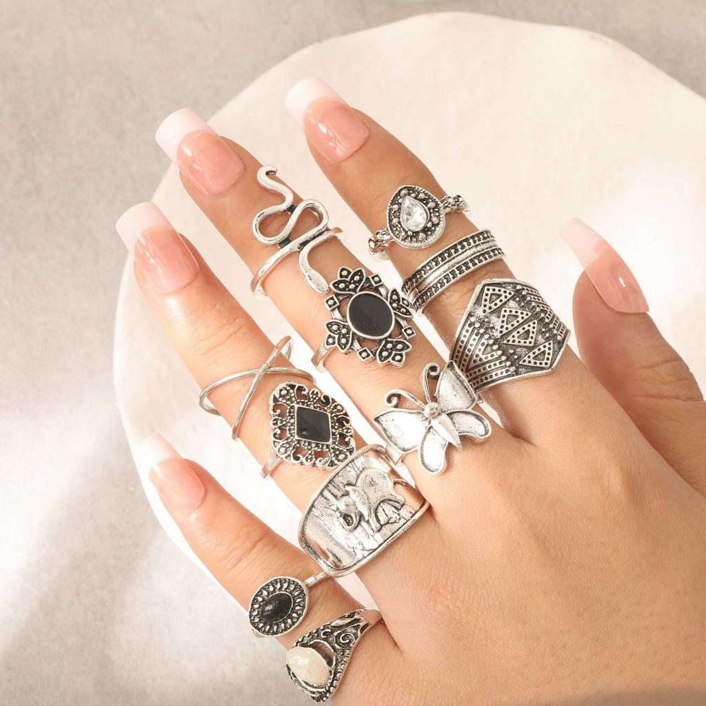 Combination Ring, Vintage Snake Butterfly Elephant Dot Diamond Cross 11 Piece Set Ring Jewelry