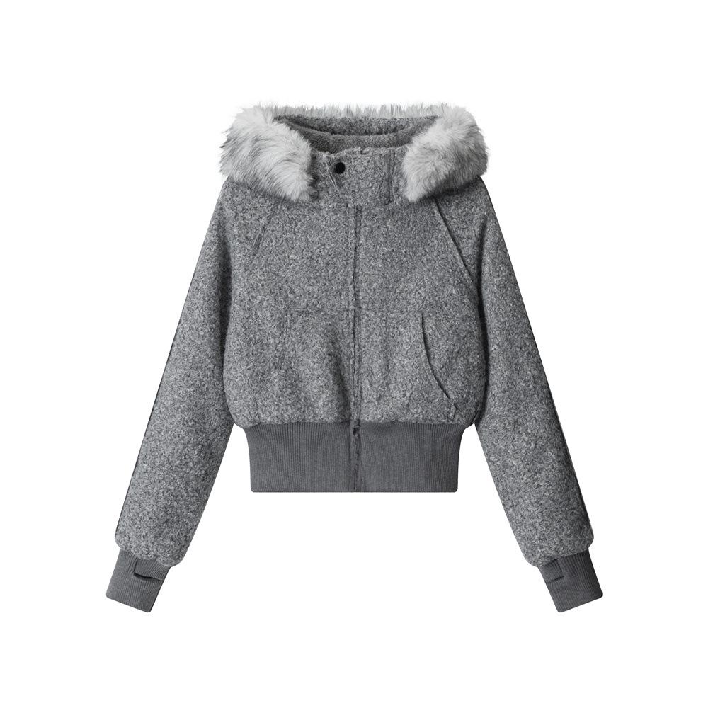 

Women s HeyHenry Fleece-Lined Fur Collar Coat: Short, Warm, Hooded, Retro Cotton Jacket for Autumn and Winter. Large сірий колір