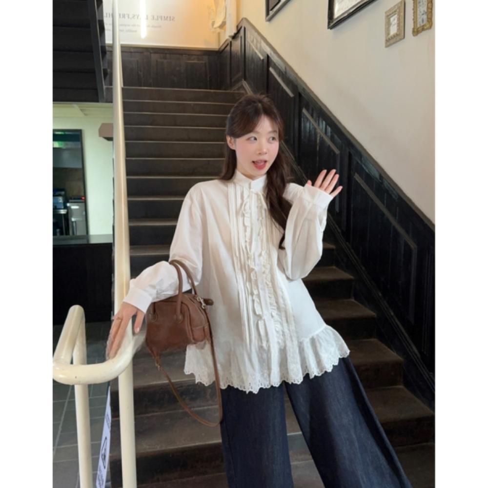 Autumn Lace Patchwork Tie-Up Stand Collar Long Sleeve Shirt for Women One Size (Premium Quality) белый