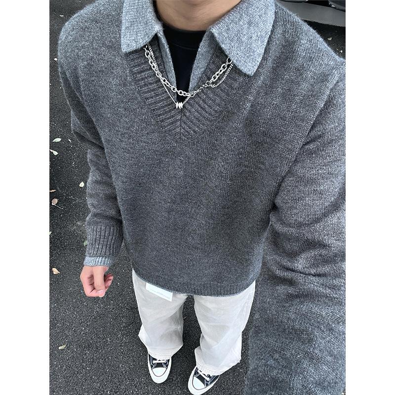 Old money wind fake two v-neck sweater men's autumn high-end American retro knitted Polo bottoming shirt