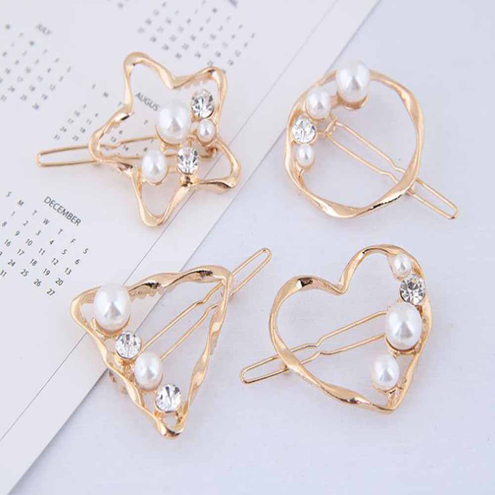 Women Hairpin Alloy Simple Style Geometry Round Triangle Love Pearl Side Clip Hairwear