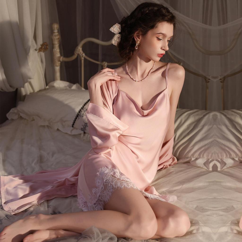 Women's Lace Trim Ice Silk Pajama Set with Robe - Spring/Summer/Autumn