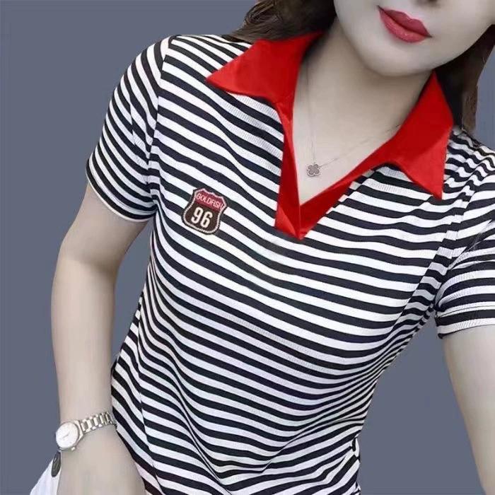 Short Sleeved T-shirt, Plus Size Women's Clothing, Pure Desire Polo Shirt, Lapel Striped Contrasting Color, Stylish Casual Versatile Top