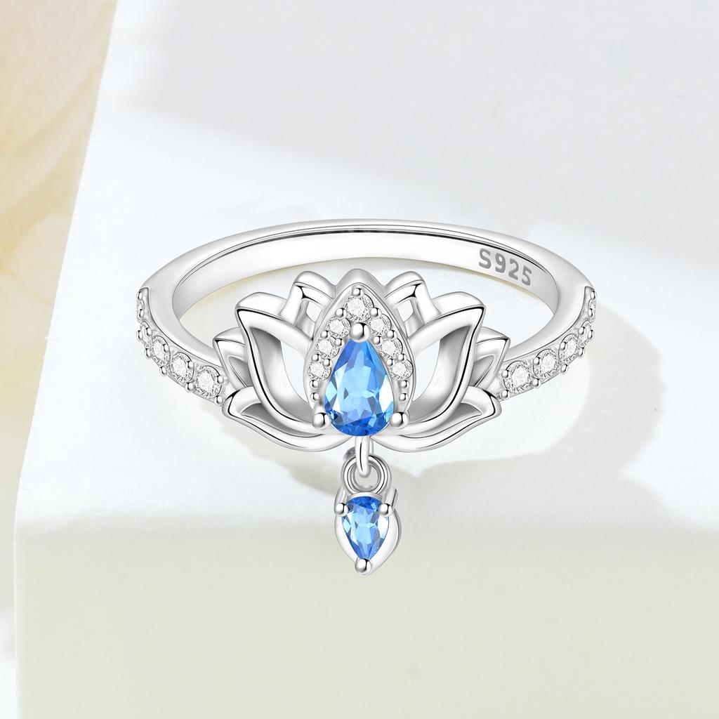 Orstarry   CopperBlue Zircon Lotus Flower Closed Ring For Women Finger Ring Personality Jewelry Party Trendy Gifts