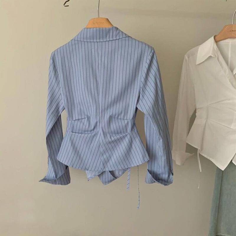 Women Fashion Retro Striped Print Ruched Irregular Design Shirts Office Lady Elegant Lace Up Blouse Casual Long Sleeve Slim Tops