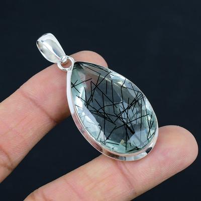 Natural Black Rutile Gemstone Pendant, 925 Sterling Silver, Pendant Jewelry, Handmade Silver Pendant Jewelry for Gift, Easter Gift