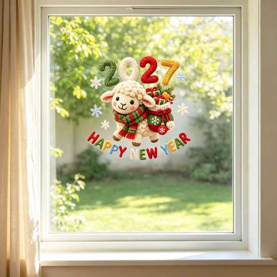 Decorative Glass Clings Happy New Year Window Cling, 2027 Crochet Sheep Snowflake Static Glas Sticker, Reusable Christmas Holiday Decoration