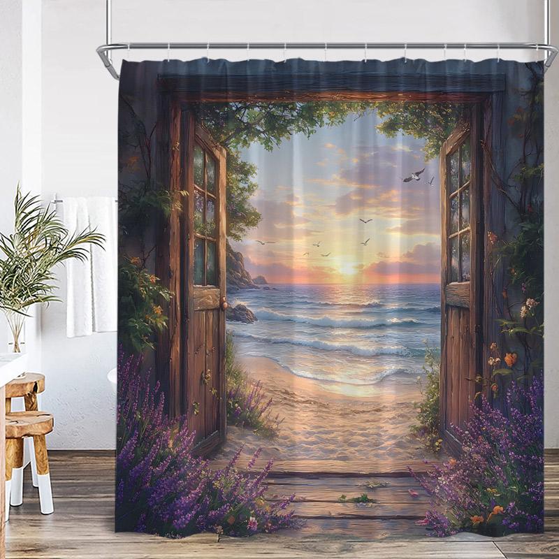 Dusk Ocean View Shower Curtains Brown Window Wooden Door Beach Sea Waves Scenery Fabric Home Bathroom Curtain Decor With Hooks
