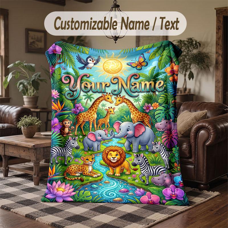 Wildlife Animals Theme Throw Blanket Custom Name Text Personalized Blanket Soft Cozy Blanket for Home Sofa Bed