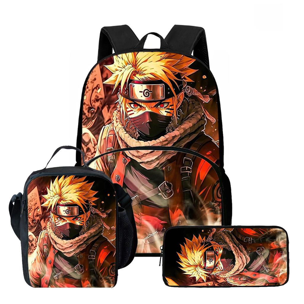 Lightweight NARUTO 3Pcs Set School Backpack Set With Front Pocket Lunch Bag Pencil Bag For Boys Girls Children Aged 5-10