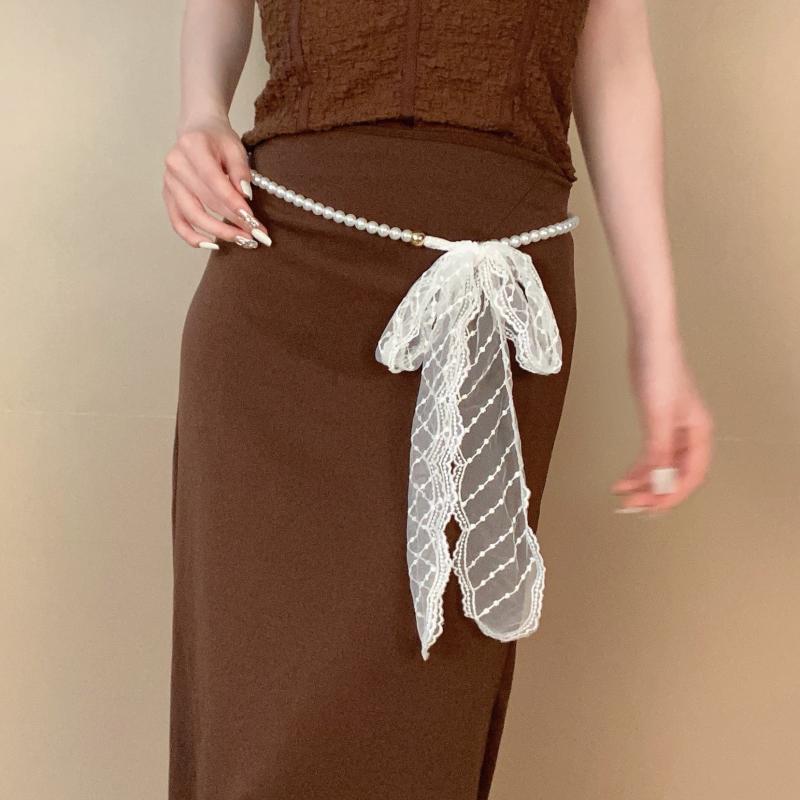 Fashion Y2k Long Lace Imitation Pearl Waistband Floral Bow Thin Tie-Up Belt For Dress Jeans Clothing Accessory