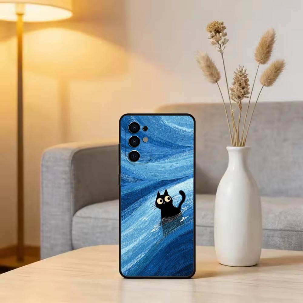 Cute Black Cat Illustration Phone Case For Samsung S25,S24,S21,S22,S23,S30,Ultra,S20,Plus,Fe,Soft Silicone Black Cover