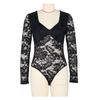 Body da Donna con Scollo Quadrato e Patchwork di Pizzo - Sexy Monopezzo a Manica Lunga